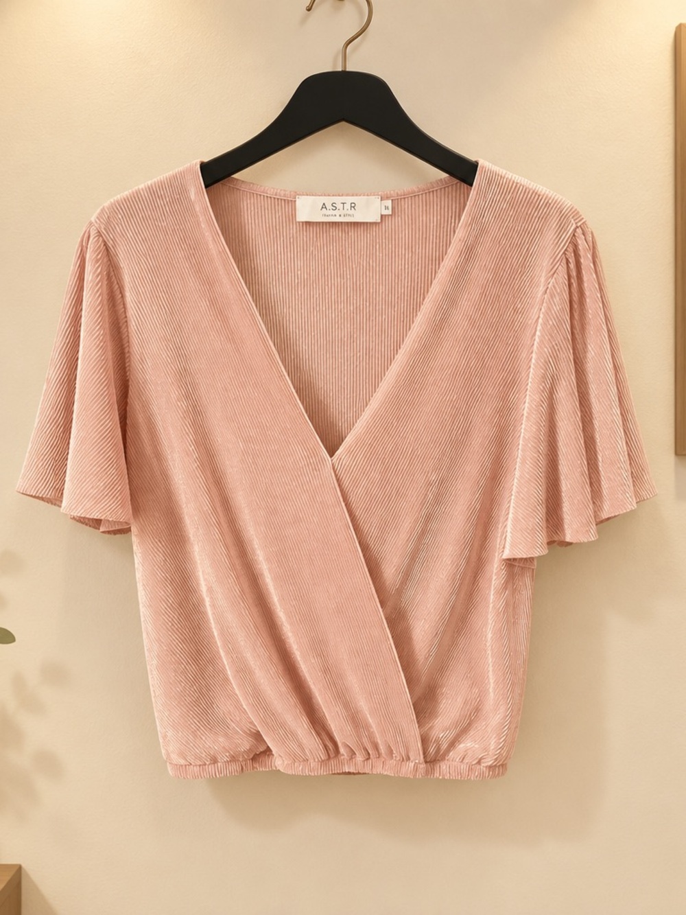 Astr Blush Pink Surplice Velvet Flutter Sleeve Top